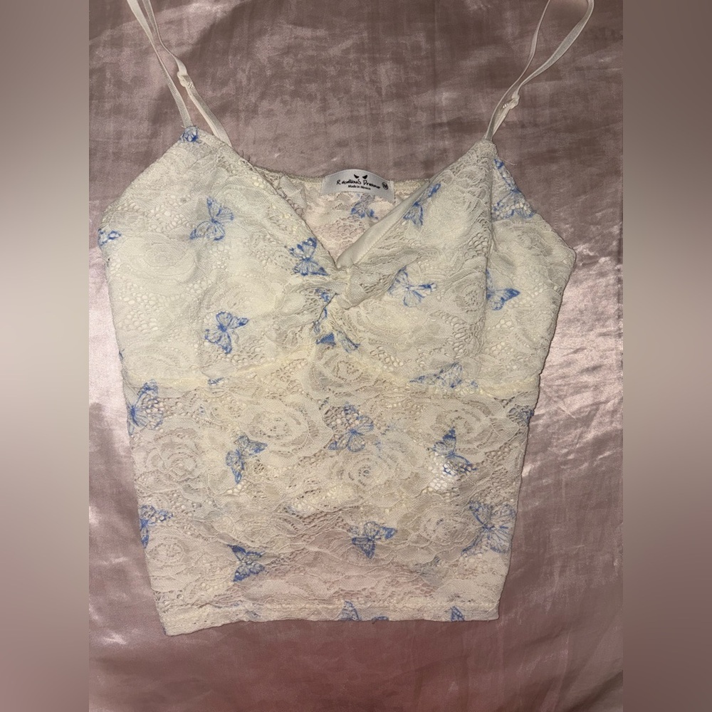 Cream and Blue Sleeveless Crop Camisole
